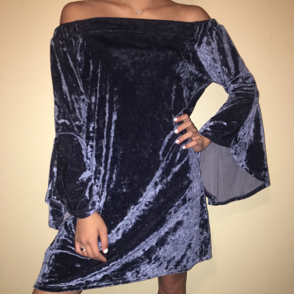 Navy Velvet Off-The-Shoulder Dress